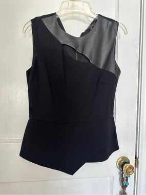 BCBGMaxAzria Black Sleeveless Faux Leather Trim Asymmetric Top